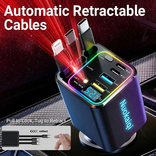 🚗 Caricatore Auto Retrattile 7-in-1 con Ricarica Rapida e Display Voltaggio – USB-C per Android e Lightning per Apple