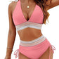 👙 SCONTO LIMITATO DEL 50%! Set bikini a due pezzi in stile patchwork, costume da bagno da donna con scollo a V e vita alta, 2 colori