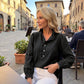 Top di jeans da donna con colletto a volant e maniche a sbuffo