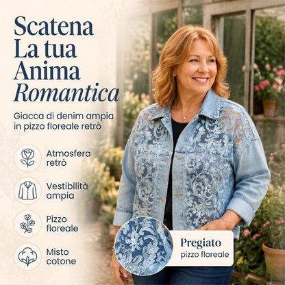 Giacca da donna in denim con patchwork di pizzo floreale dal taglio ampio