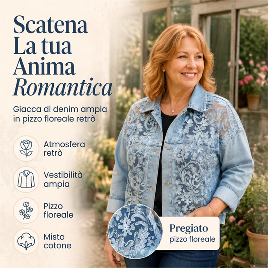 Giacca da donna in denim con patchwork di pizzo floreale dal taglio ampio