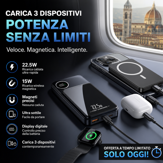 🔋✨Caricabatterie magnetico professionale per viaggiatori e professionisti | 22,5W cablato e 15W wireless | 10.000 mAh | Spedizione rapida💥