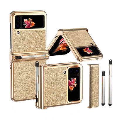 Custodia di lusso in pelle per Samsung Galaxy Z Flip3(4) con doppia cerniera - Stilo retrattile