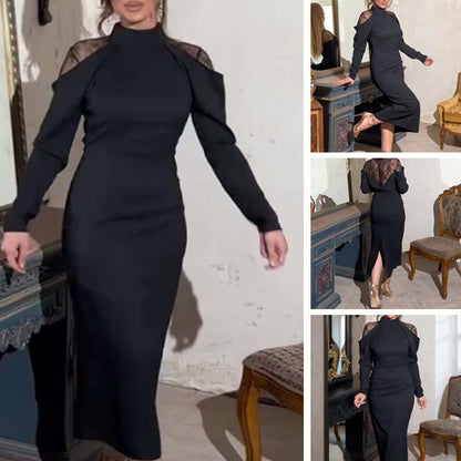 🎁Saldi scottanti 41% DI SCONTO⏳Elegante abito midi da donna con collo alto e retro in pizzo