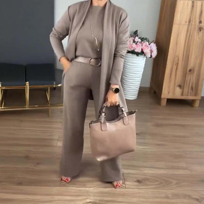 Elegante set 3 pezzi composto da cardigan lungo, top e pantaloni