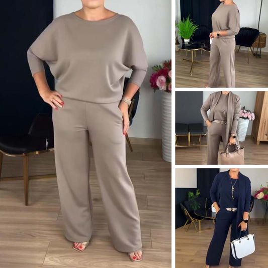 Elegante set 3 pezzi composto da cardigan lungo, top e pantaloni