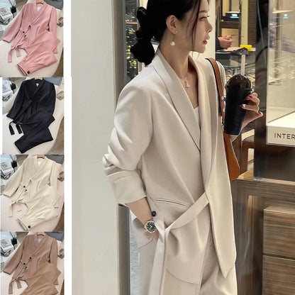 Set da ufficio formale da donna a 2 pezzi: blazer con lacci sul davanti e pantaloni a gamba larga