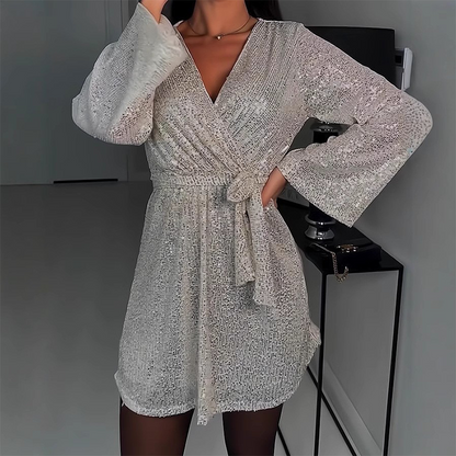 🔥Offerta limitata nel tempo – Abito da donna scintillante con scollo a V, maniche lunghe e cintura in vita