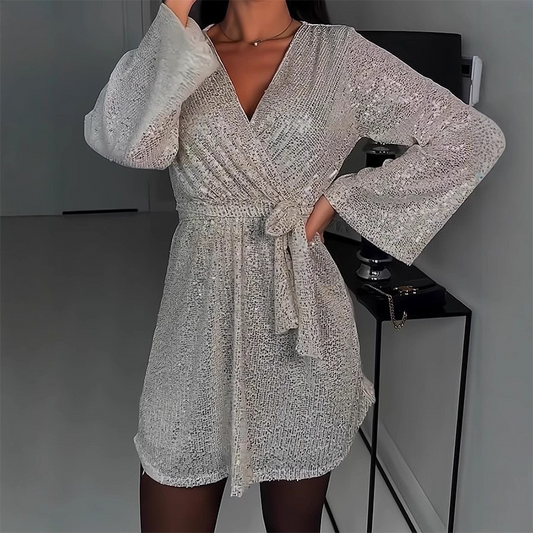 🔥Offerta limitata nel tempo – Abito da donna scintillante con scollo a V, maniche lunghe e cintura in vita