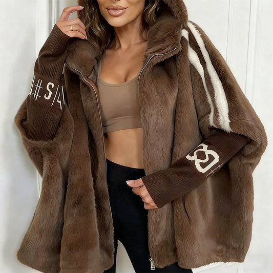 Cappotto casual da donna con cappuccio e zip in peluche