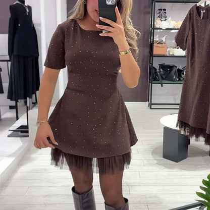 🔥Offerte speciali - Abito mini da donna con maniche corte e bordi in pizzo scintillante | Elegante e brillante