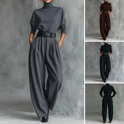 Completo Elegante Donna 2 Pezzi: Maglia Dolcevita e Pantaloni a Vita Alta con Cintura in Omaggio