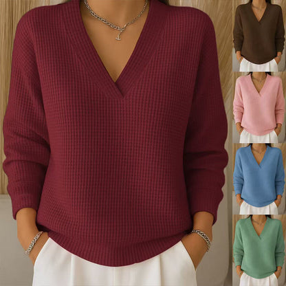 Top casual da donna a maniche lunghe, con scollo a V e trama a rombi