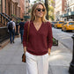 Top casual da donna a maniche lunghe, con scollo a V e trama a rombi