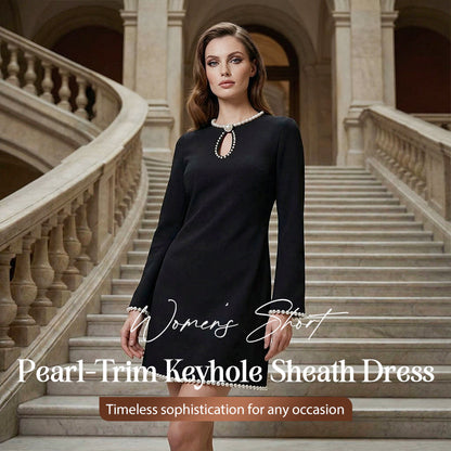 🔥 SCONTO DEL 50%! ✨ Abito tubino corto da donna con scollo a goccia e rifiniture in finta perla – Eleganza slim fit con maniche svasate e intramontabile colore nero 💎🖤