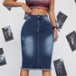 Gonna in denim da donna a vita alta con orlo sfrangiato