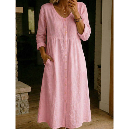 Casual linnen midi-jurk met V-hals en knoopsluiting voor dames