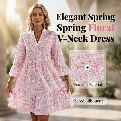 🌺Elegante abito midi con scollo a V e drappeggio di alta qualità – Abito a balze con motivo floreale