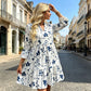 🌺Elegante abito midi con scollo a V e drappeggio di alta qualità – Abito a balze con motivo floreale