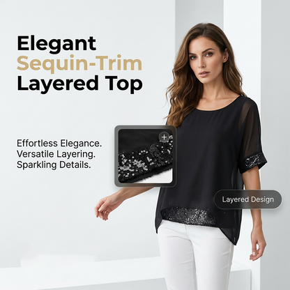 🌟  SCONTO DEL 50% A TEMPO LIMITATO! 👚 Top casual da donna con collo rotondo e bordi in paillettes – Scintillante, vestibilità comoda, versatile 🎀