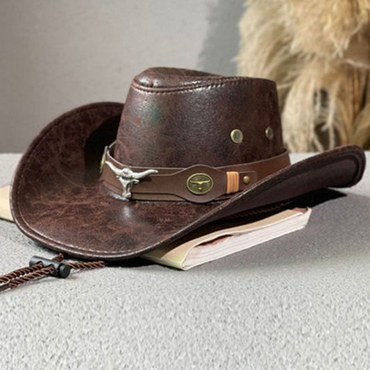 📢📢SCONTO DEL 50%!! ⏰ ✨ Cappello da cowboy vintage a tesa larga con cinturino – PU, taglia unica, regolabile ☀️