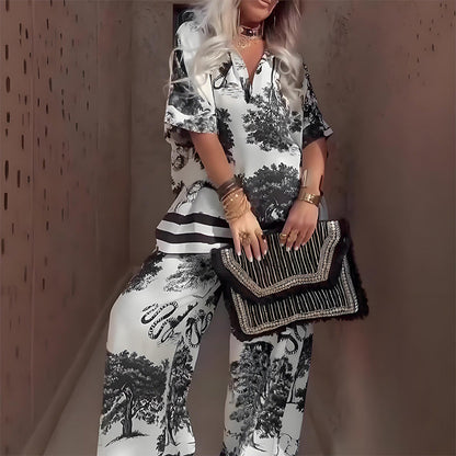 👚SCONTO DEL 50% IN QUESTO MOMENTO! 🌸 Set casual da donna con stampa e scollo a V – Morbido e traspirante – Top con scollo a V e pantaloni lunghi 🍃