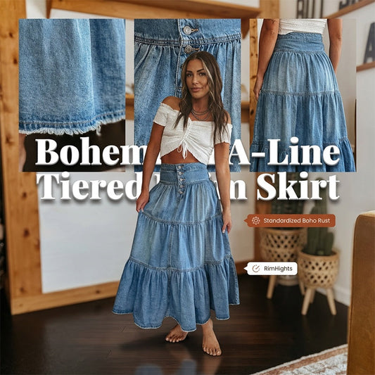 👗 SCONTO DEL 50% PER UN PERIODO LIMITATO! ✨ Gonna lunga in denim – Vita alta, a balze, linea ad A, abbottonatura frontale ✨