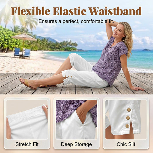 ☀️Pantaloni estivi da donna a tre quarti con bottoni decorativi✨Freschi, comodi e con tasche che userai davvero