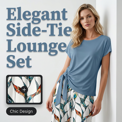 🌿 OFFERTA LIMITATA -50%! ✨ Completo da donna a due pezzi – Top con fiocco laterale e pantaloni con motivo botanico, tessuto traspirante di alta qualità · Azzurro e verde chiaro · S–5XL (EU34-54) 💐