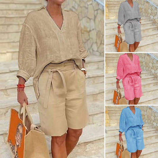 ☀️ Completo casual estivo da donna – Top con scollo a V e pantaloncini ✨ Comodità e stile in un unico capo