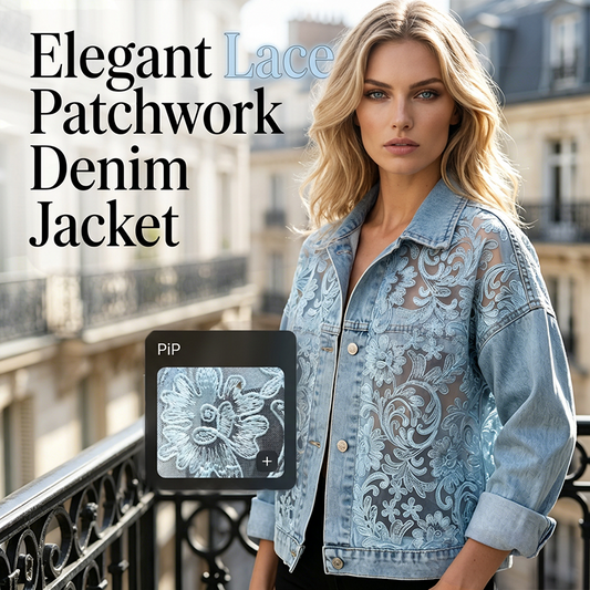 Giacca da donna in denim con patchwork di pizzo floreale dal taglio ampio