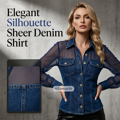 👕Dames-top van denim met mesh-patchwork – Elegante, chic getailleerde top✨