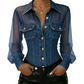 👕Dames-top van denim met mesh-patchwork – Elegante, chic getailleerde top✨