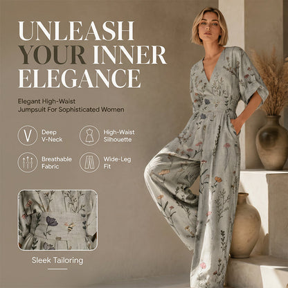 Elegante tuta stampata con scollo a V da donna