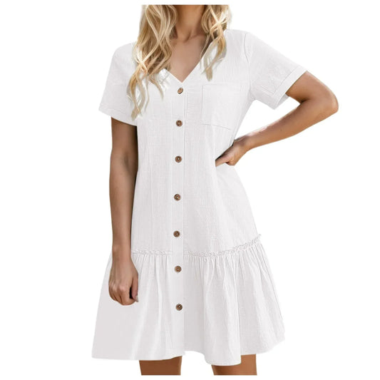 Abito da donna con annodatura, abito estivo ampio in cotone e lino, con orlo a balze, abito casual a maniche corte