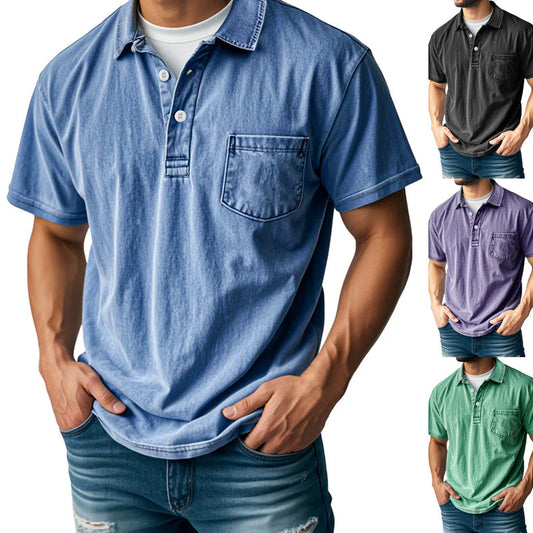 Camicia da uomo retrò casual a maniche corte con colletto, taschino e chiusura con bottoni