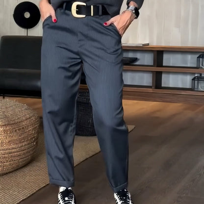 Pantaloni da tailleur a gamba dritta, stile casual, a vita alta da donna