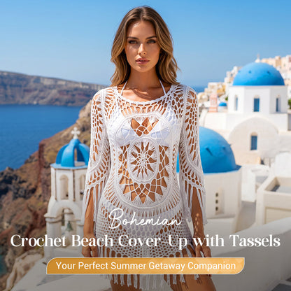 🧶 SCONTO DEL 50% A TEMPO LIMITATO! ✨ Copricostume da spiaggia all’uncinetto – Stile bohémien, nappine, regolabile 🏖️