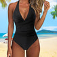 Costume da bagno intero da donna, sexy, con scollo all’americana, senza schienale e con arricciature
