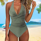 Costume da bagno intero da donna, sexy, con scollo all’americana, senza schienale e con arricciature