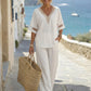 🌺 Set composto da un elegante top con scollo a V e pantaloni a gamba larga