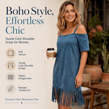 Abito da donna con spalle scoperte, spalline e frange