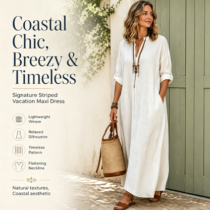 👗 Abito lungo da donna in stile bohémien a righe verticali, scollo a V – Maniche di media lunghezza, tessuto fluido, taglio ampio 🔥 -50%