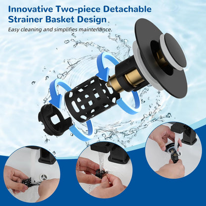Filtro di scarico per lavabo 3 in 1 Hibbent aggiornato, tappo a molla universale, raccoglitore di capelli rimovibile in acciaio inossidabile a forma di cestello, tappo per lavabo da 1,1–2,36 pollici, cartuccia in ottone, nero opaco
