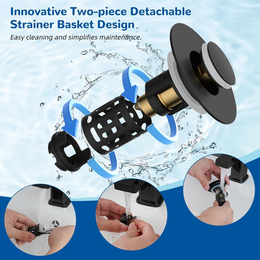 Filtro di scarico per lavabo 3 in 1 Hibbent aggiornato, tappo a molla universale, raccoglitore di capelli rimovibile in acciaio inossidabile a forma di cestello, tappo per lavabo da 1,1–2,36 pollici, cartuccia in ottone, nero opaco