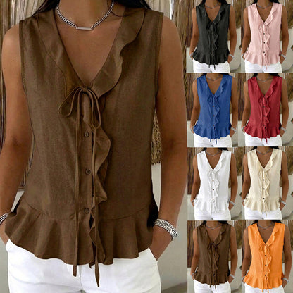 Top da donna senza maniche con bordi a volant e scollo a V