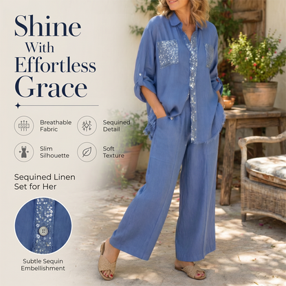 Set composto da una camicetta da donna con paillettes e un paio di pantaloni larghi