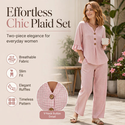 Set da donna composto da un top con scollo a V, stampa a quadri e volant sulle maniche, e un paio di pantaloni
