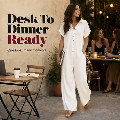 🚀 Neu eingetroffen – 50% Probierpreis! Lässiger, locker sitzender Kurzarm-Jumpsuit mit Knöpfen für Damen
