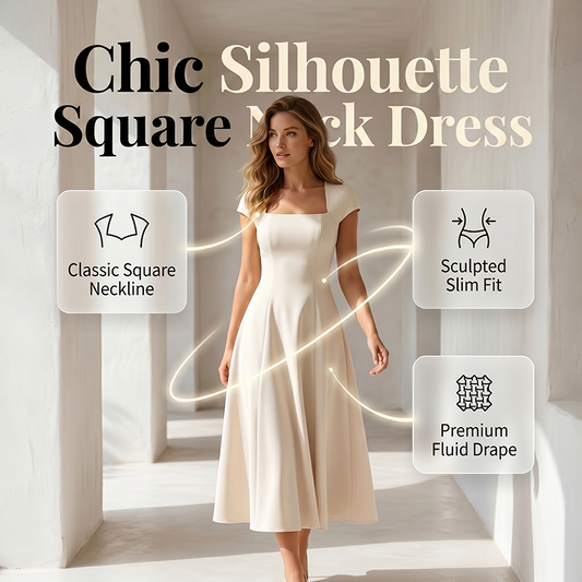 Elegante abito da donna dalla linea ad A con scollo quadrato, modello aderente, abito lungo